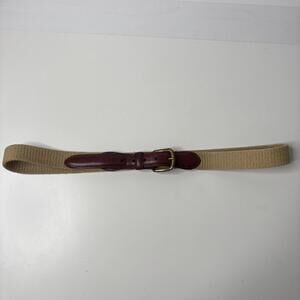 LL Bean Beige & Brown Fabric & Leather Belt Men 40 USA Made Classic Brass Buckle